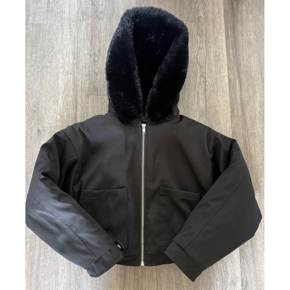 Fashion Nova Kids Girls 6/7 Black Cropped Faux Fur Hood Jacket Bomber Coat